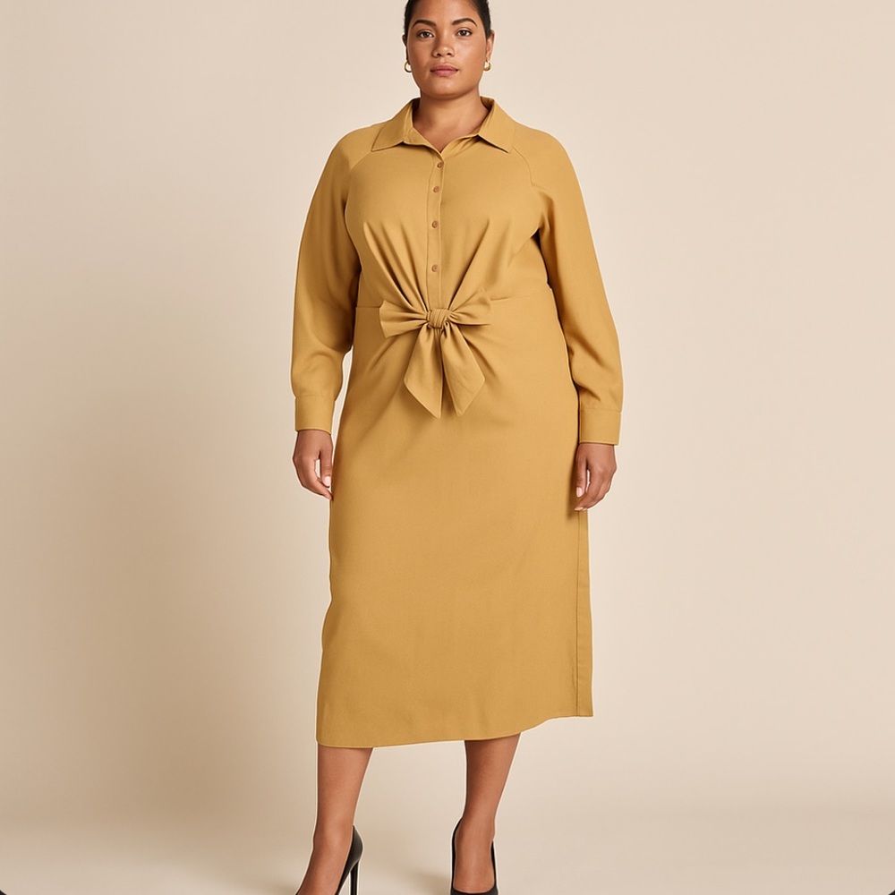 Eloquii Midi Dress Sz 14 Tan Tie Waist Button Front Minimalist Office Career